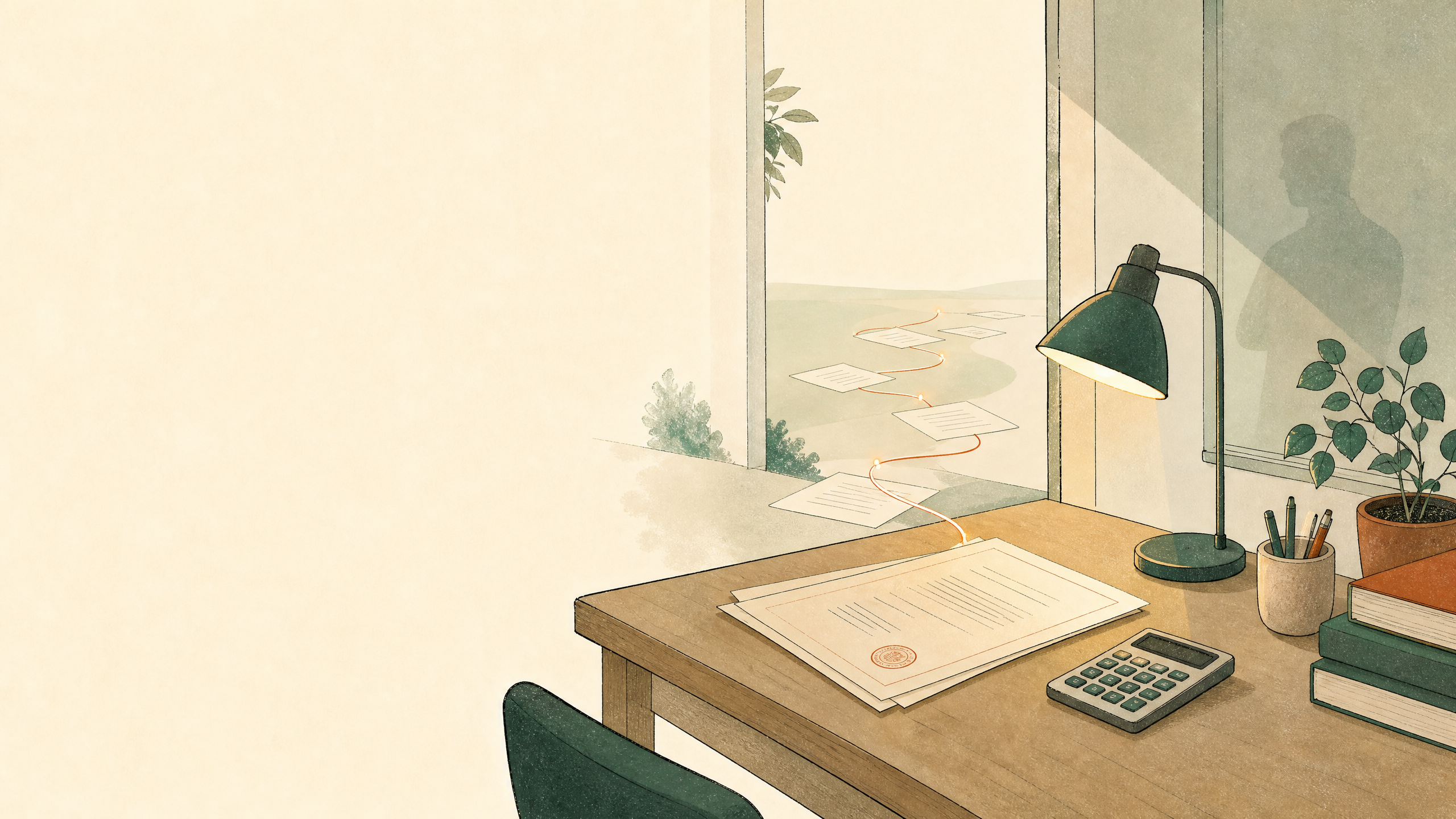 A professional worktable stands at the edge of a threshold, with documents leading towards a changing service flow.