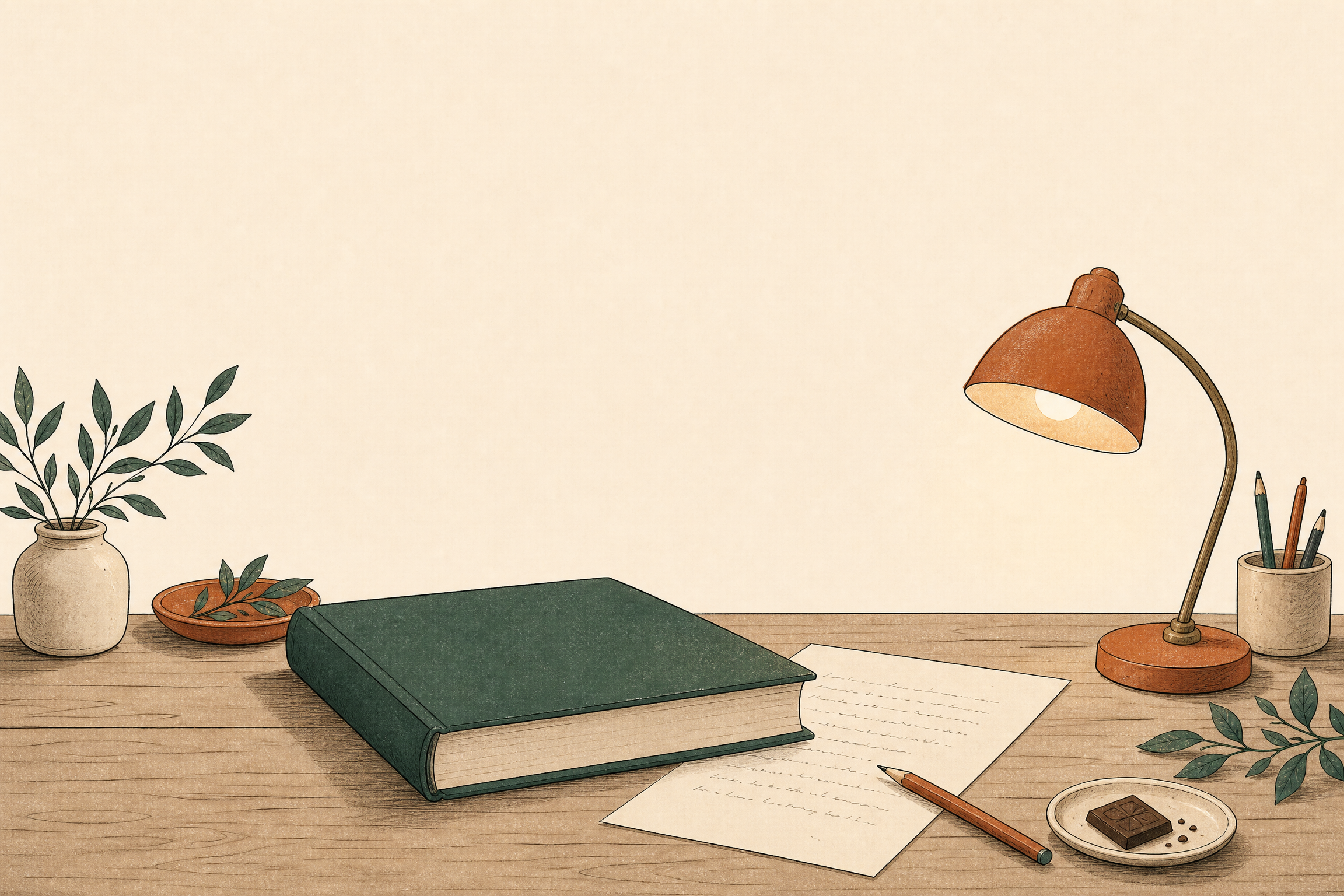 An unlabelled hardback book on a writing table beside manuscript pages, a pencil, dark chocolate and a reading lamp.