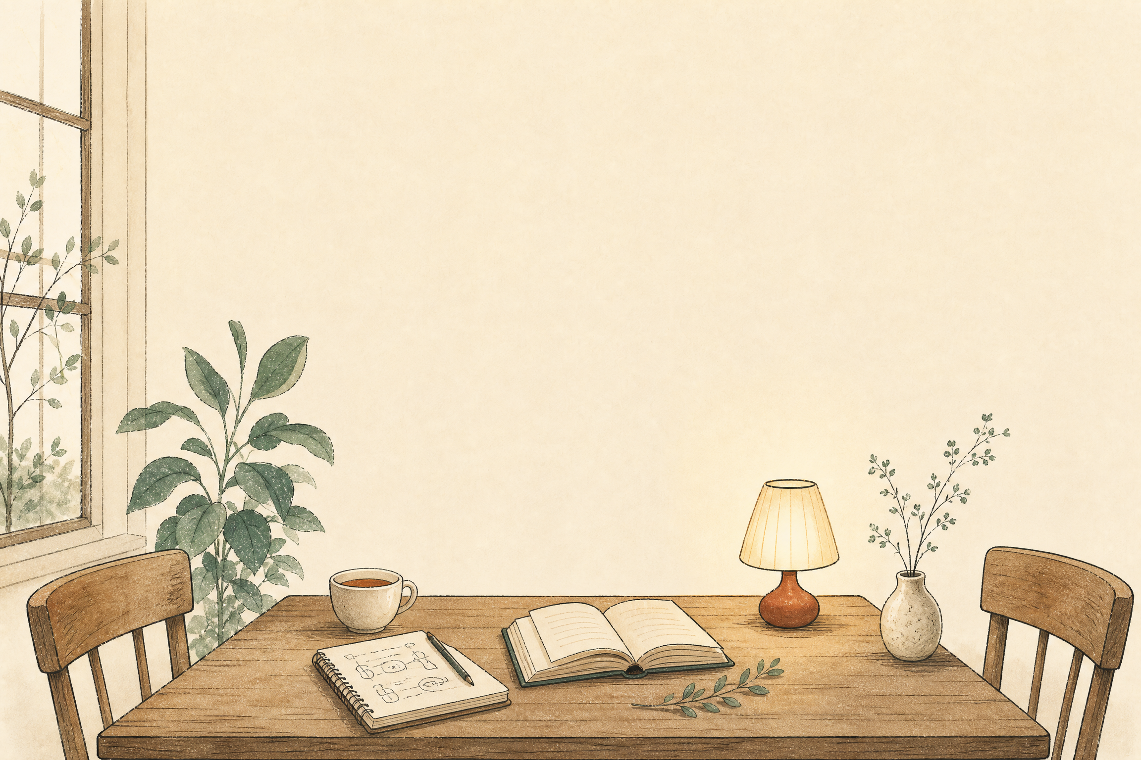 An open book, notebook, reading lamp and two chairs around a quiet table by a window.
