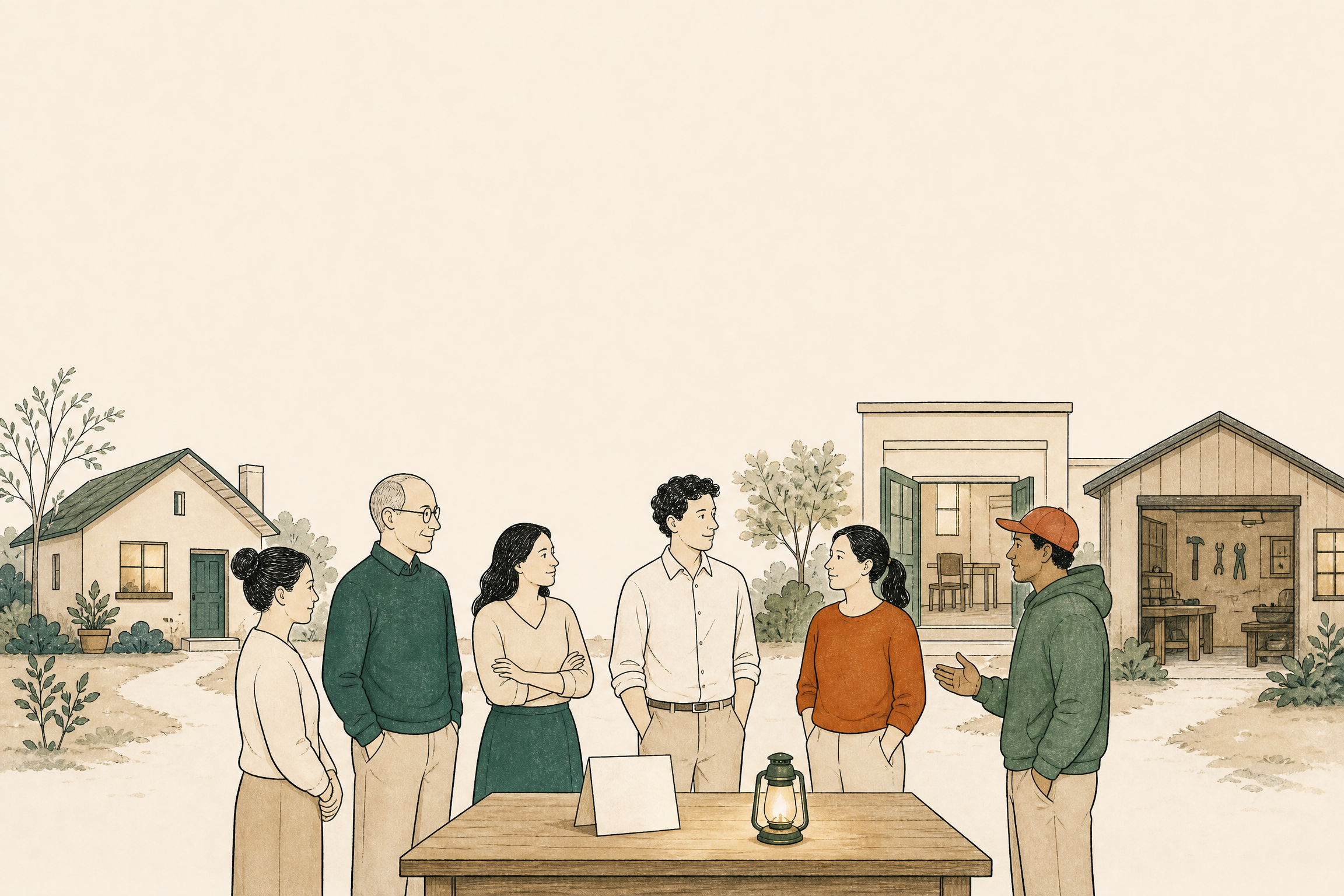 A diverse group of people gathers beside a table and lantern, with a home, school and workshop behind them.