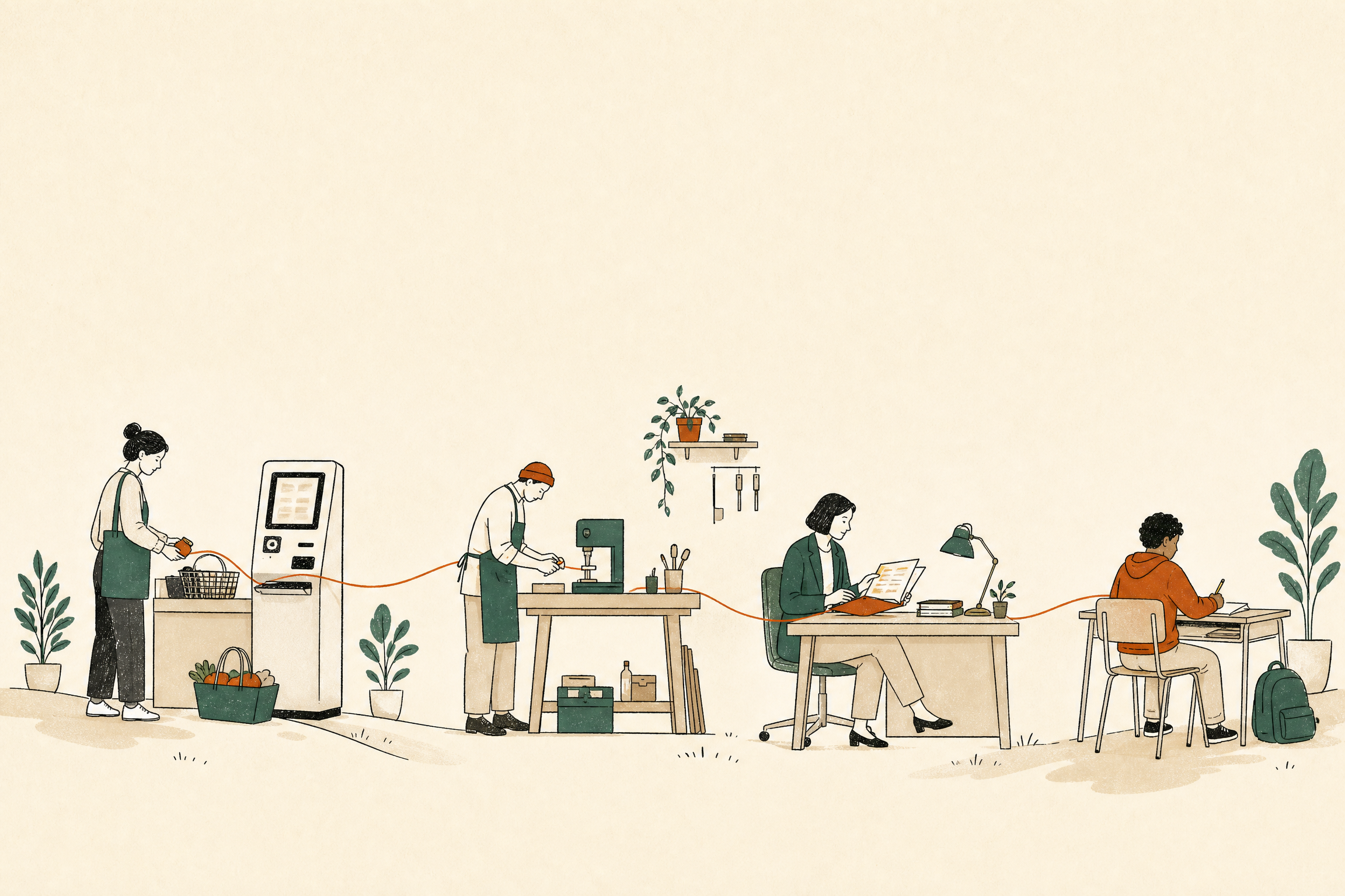 Everyday work scenes - a self-service checkout, workshop, legal desk and classroom - connected by a fine line.