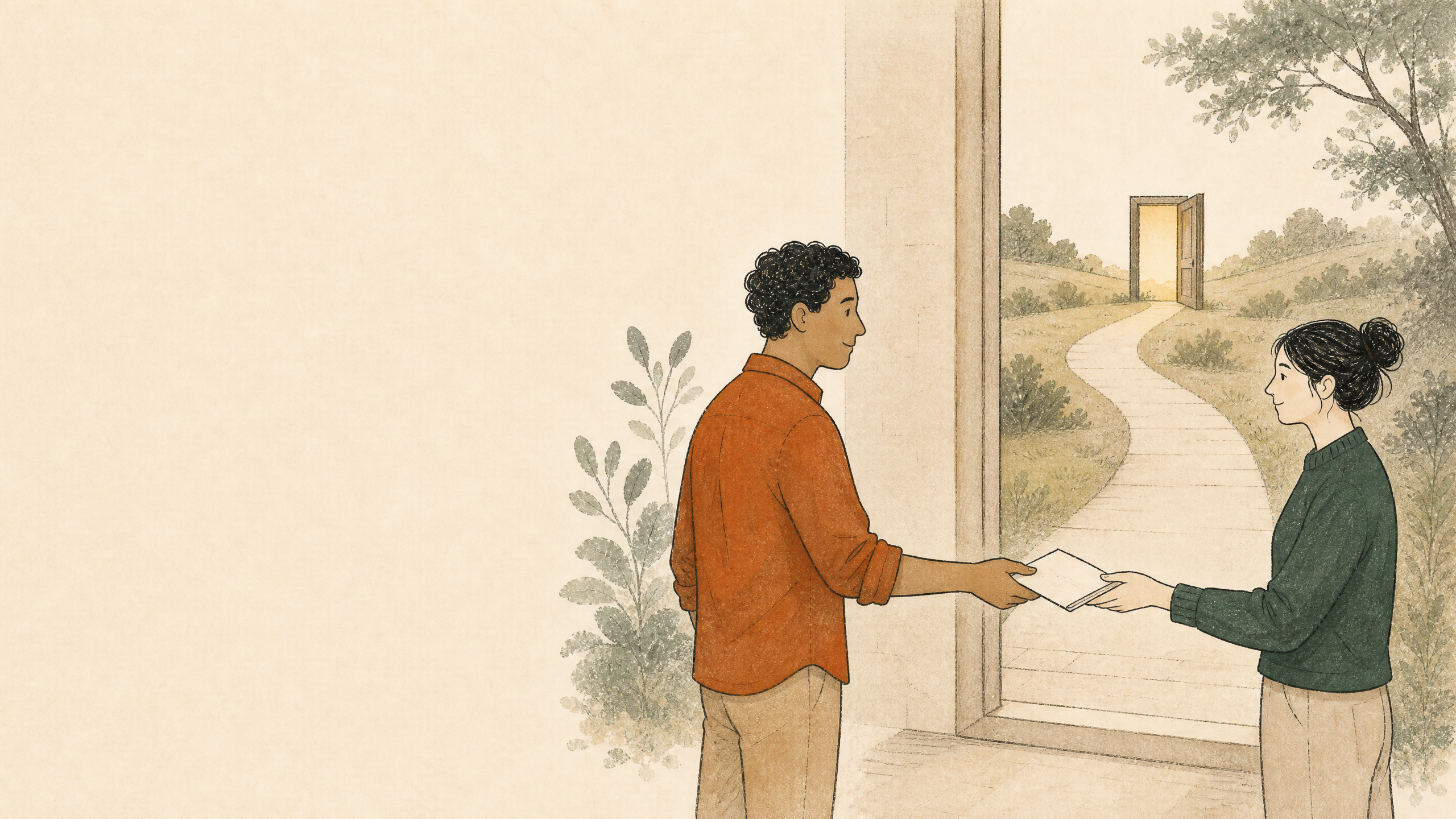 Two people exchange a briefing note at a threshold leading to an open door.