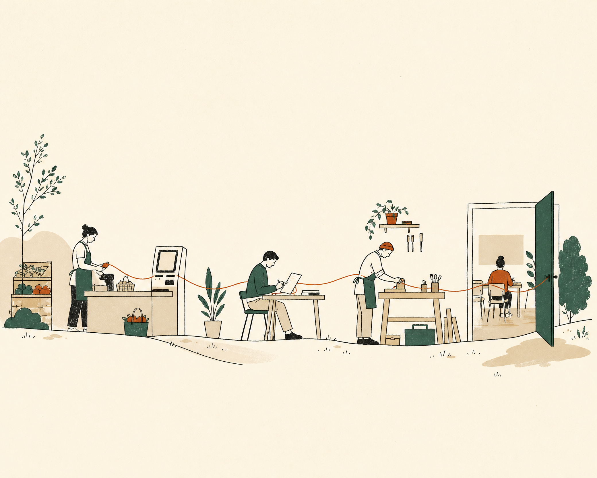 A grocery checkout, desk, workshop and classroom connected by a fine line, showing work changing across daily life.