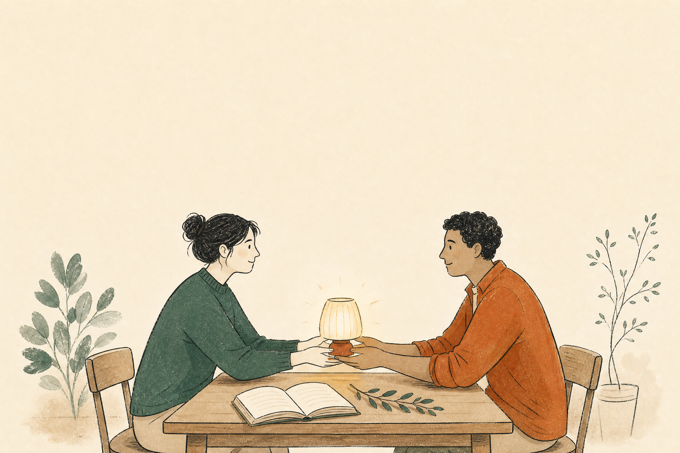 Two people pass a softly glowing lamp across a table with an open book.