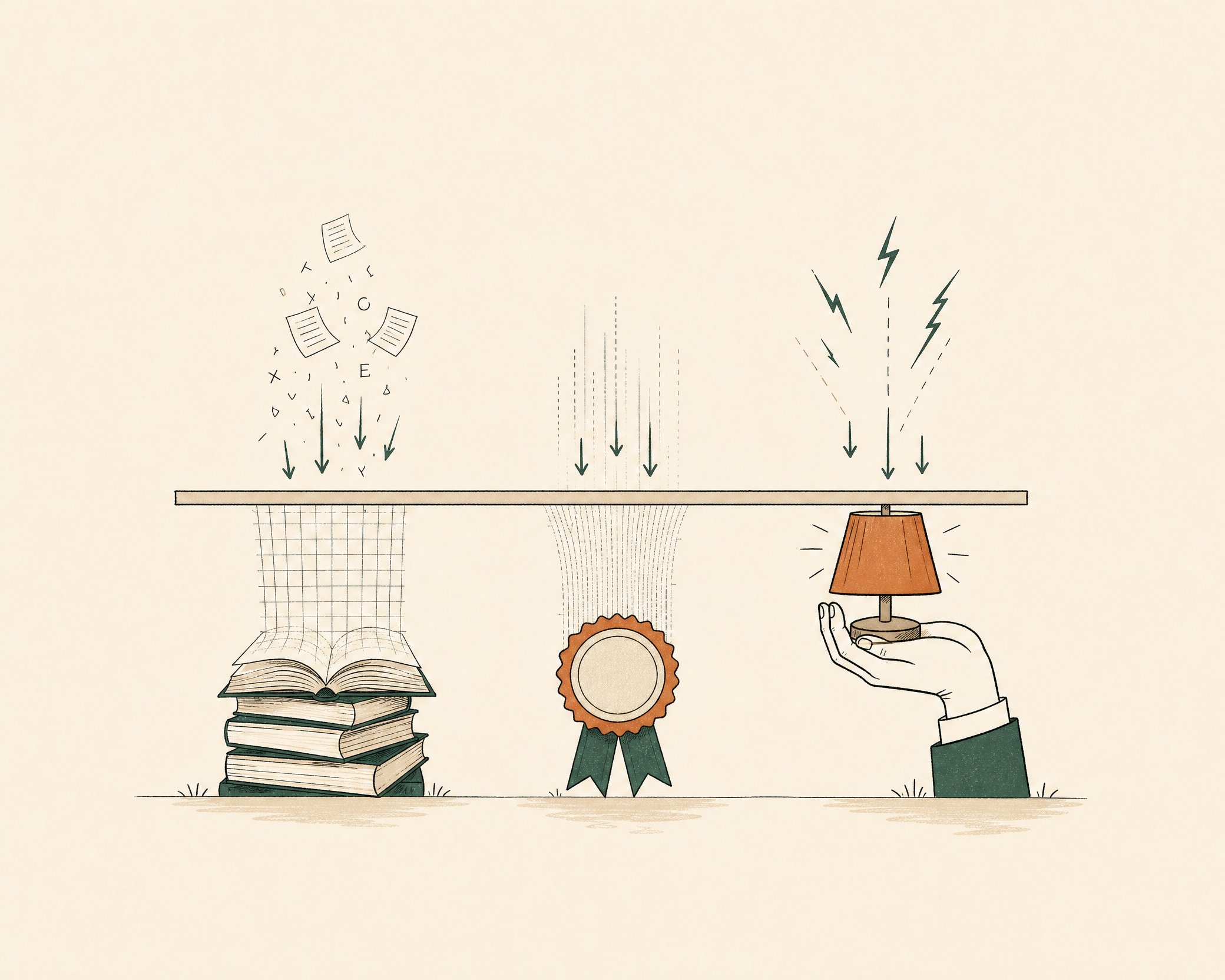 Books, a credential and a lamp held by a human hand support one shelf under different forms of pressure.