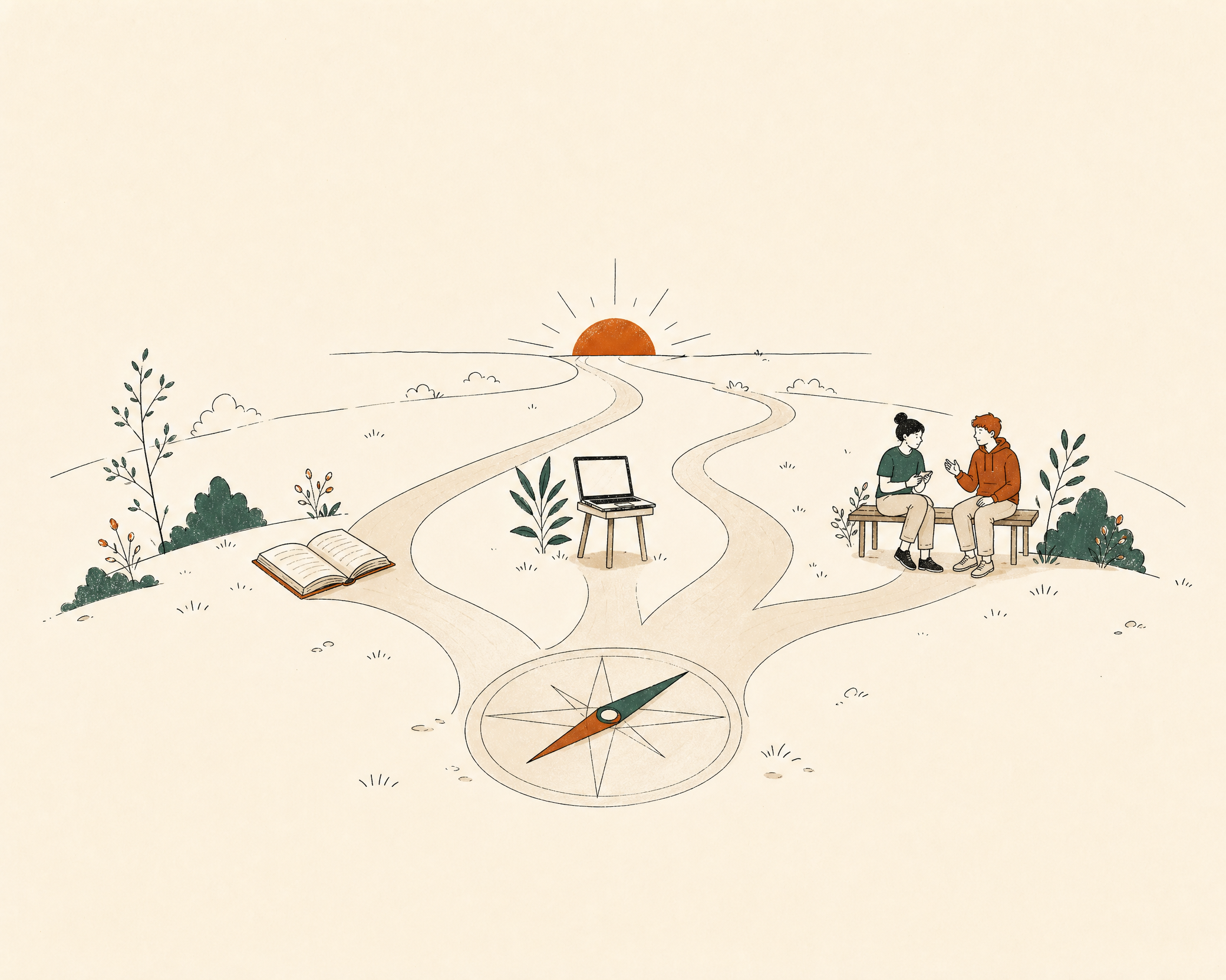 Three paths leave a compass, passing a book, laptop and people talking before reaching the horizon.